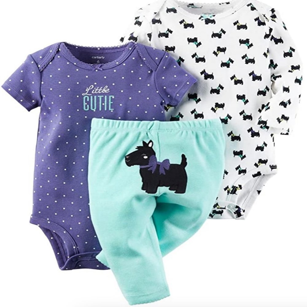EUC Baby Girl Carter's Print Bodysuits & Scottie Dog Pants Set - size newborn